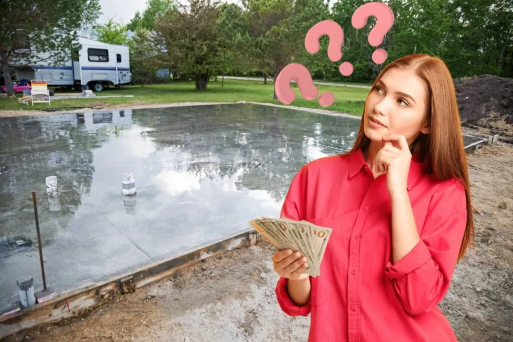 residential concrete slab foundation with young woman holding dollar bills